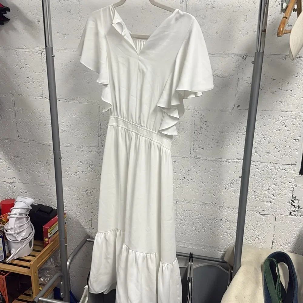 Amanda Uprichard White Off-the-Shoulder Maxi Dress Belted - Short Sleeve SMALL